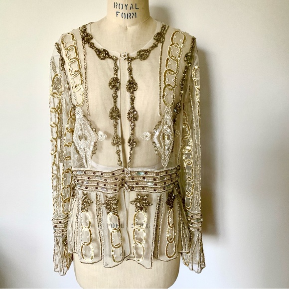 Net Cream Rhinestone Sequin Bead Jacket Medieval Style - Picture 1 of 13